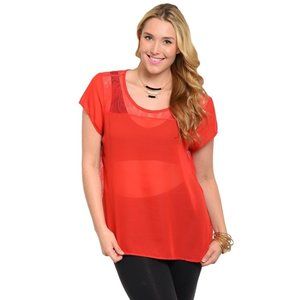 Blue Note Ladies Sheer Top Lace-Back Scoop Neck Red Plus Size 1XL  NWOT